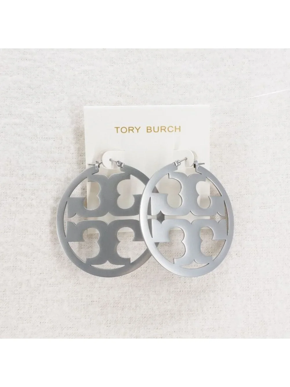 Tory Burch Miller Statement Logo Hoop Earrings Silver OS - Picture 9 of 9